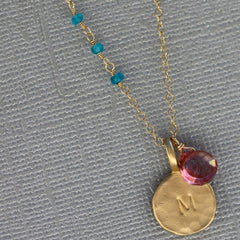 Asymmetrical Say My Name Necklace - Personalized 18k Gold Initial Charm & Birthstone Necklace.