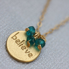 Believe Stamp Necklace - 18k Gold Charm, Aquamarine & Blue Topaz Necklace.