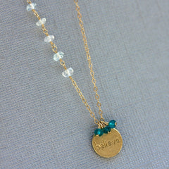 Believe Stamp Necklace - 18k Gold Charm, Aquamarine & Blue Topaz Necklace.