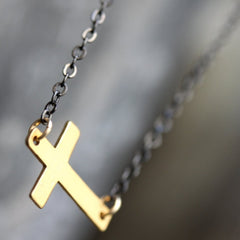 Agape Necklace - 18k Horizontal Gold Cross Charm & Fresh Water Pearl Necklace