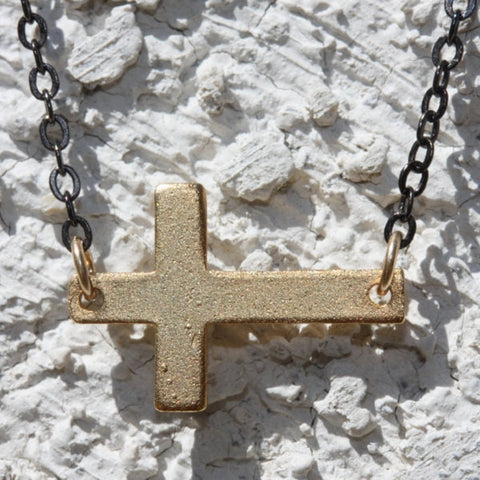 Agape Necklace - 18k Horizontal Gold Cross Charm & Fresh Water Pearl Necklace