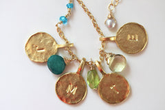 Say My Name Necklace - Personalized 18k Gold Initial 4 Charm & Birthstone Necklace.
