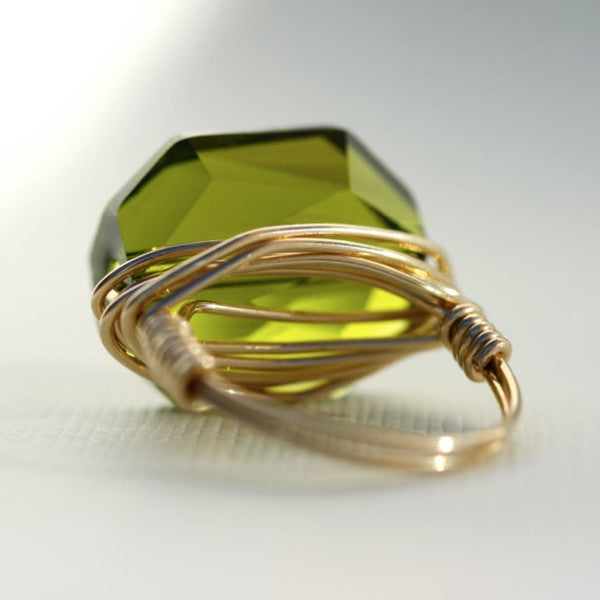 Gem Pop Ring - 18k Gold & Olive Green Swarovski Crystal Wire Wrapped Ring