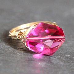 Gem Pop Ring - 18k Gold & Fuschia Swarovski Crystal Wire Wrapped Ring