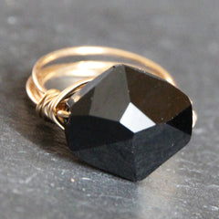 Gem Pop Ring - 18k Gold & Jet Black Swarovski Crystal Wire Wrapped Ring