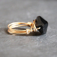Gem Pop Ring - 18k Gold & Jet Black Swarovski Crystal Wire Wrapped Ring