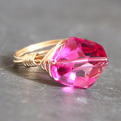 Gem Pop Ring - 18k Gold & Fuschia Swarovski Crystal Wire Wrapped Ring