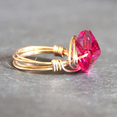 Gem Pop Ring - 18k Gold & Fuschia Swarovski Crystal Wire Wrapped Ring