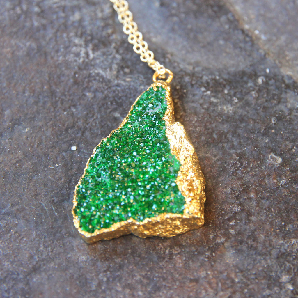 Ireland. 24k Gold Dipped Emerald Green Uvarovite Pendant and 18k Gold Chain Necklace