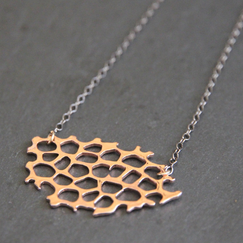 Honey Necklace - 18k Rose Gold Organic Honeycomb Pendant Charm Necklace