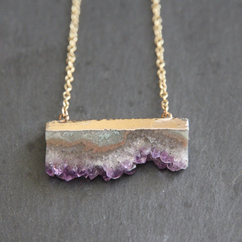 San Ignacio Necklace - 24k Gold Dipped Purple Amethyst Agate Druzy Crystal Slice Pendant