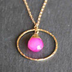 Verona Necklace - 24k Gold Dipped Fuschia Chalcedony Gemstone Gold Hammered Hoop Necklace.
