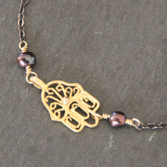 Hamsa Bracelet - 18k Gold Hand of Fatima & Fresh Water Pearl Bracelet