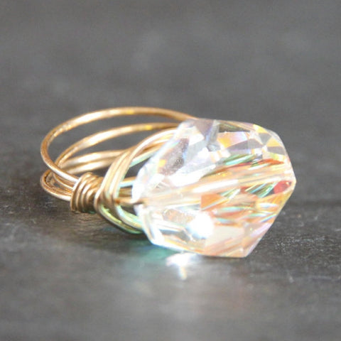 Gem Pop Ring - 18k Gold & Iridescent Swarovski Crystal Wire Wrapped Ring