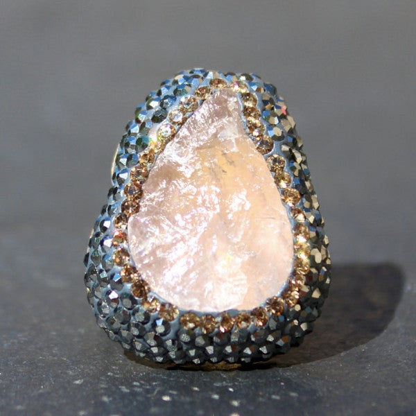 Mood Ring - 24k Gold Pink Rose Quartz & Swarovski Crystal Cocktail Ring
