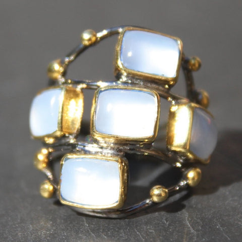 Twilight New Moon 24k Gold, Oxidized Sterling Silver & Moonstone Cocktail Ring