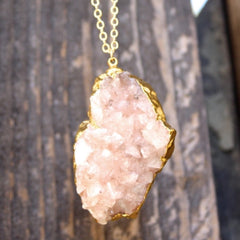 Sakura Necklace -  24k Gold Dipped Rose Quartz Druzy Necklace