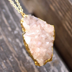 Sakura Necklace -  24k Gold Dipped Rose Quartz Druzy Necklace