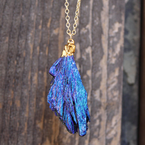 Raven Necklace - 24k Gold Dipped Blue Cobalt Kyanite Necklace