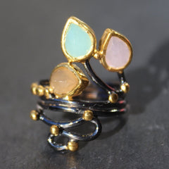 Siam Ring - 24k Gold and Oxidized Sterling Silver Green Chalcedony Rose Quartz and Peach Moonstone Cocktail Ring