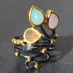 Siam Ring - 24k Gold and Oxidized Sterling Silver Green Chalcedony Rose Quartz and Peach Moonstone Cocktail Ring