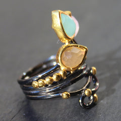 Siam Ring - 24k Gold and Oxidized Sterling Silver Green Chalcedony Rose Quartz and Peach Moonstone Cocktail Ring