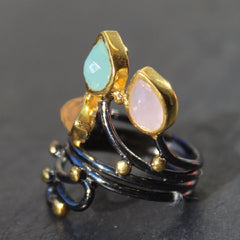 Siam Ring - 24k Gold and Oxidized Sterling Silver Green Chalcedony Rose Quartz and Peach Moonstone Cocktail Ring