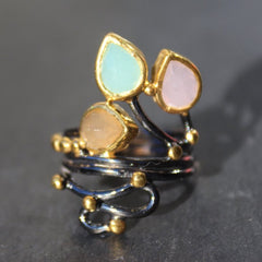 Siam Ring - 24k Gold and Oxidized Sterling Silver Green Chalcedony Rose Quartz and Peach Moonstone Cocktail Ring