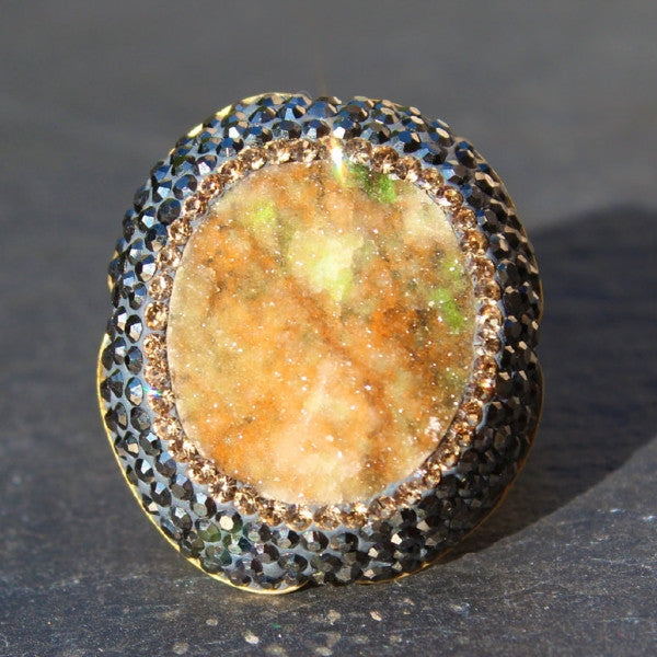 Mood Ring - 24k Gold Brazilian Earth Tone Druzy & Swarovski Crystal Cocktail Ring