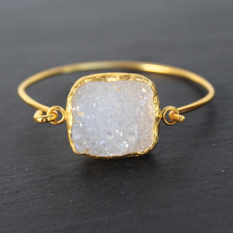 Old San Juan Bracelet - 24k Gold Dipped Iridescent White Druzy Crystal Cuff
