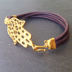 Hamsa Leather Bracelet - 24k Gold Dipped Hand of Fatima Cuff Bracelet