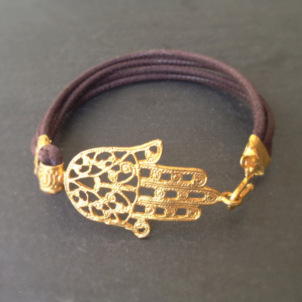 Hamsa Leather Bracelet - 24k Gold Dipped Hand of Fatima Cuff Bracelet